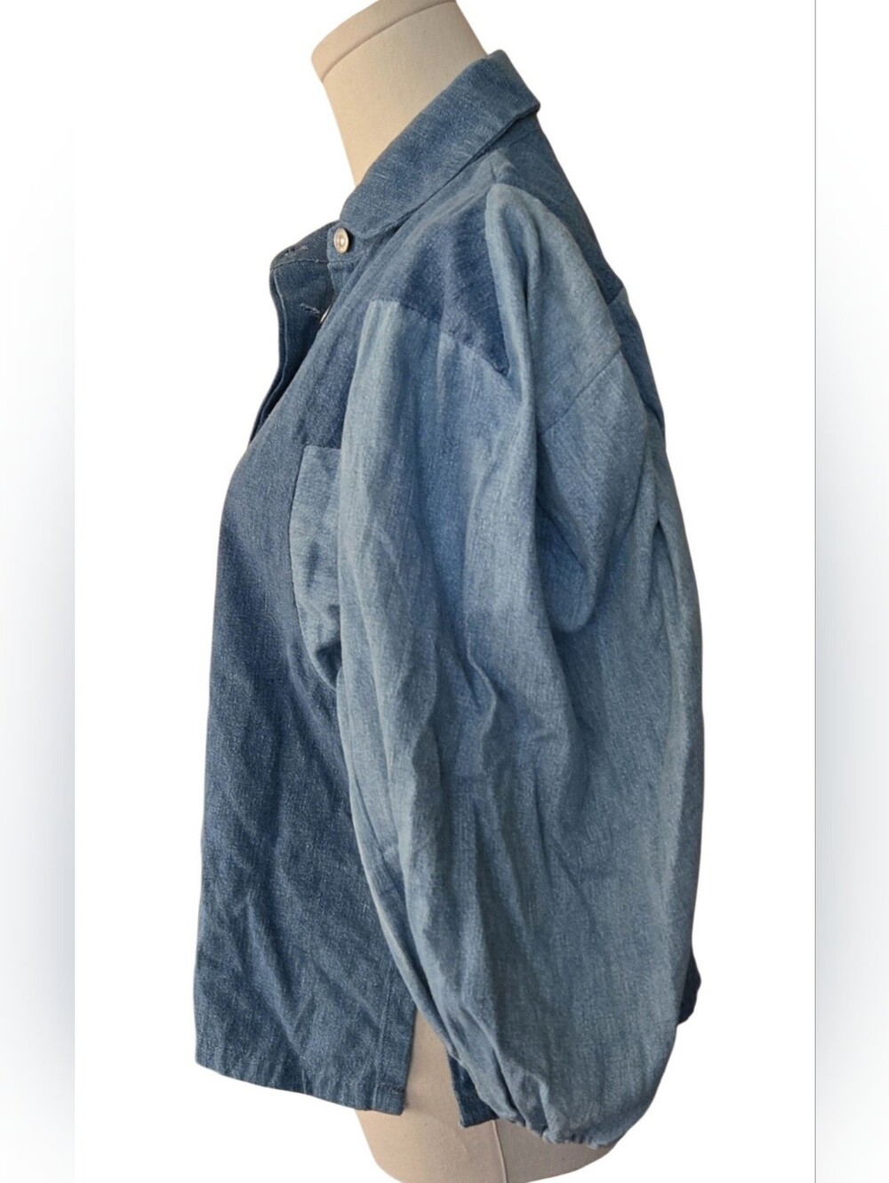 NWT 7 For All Mankind Balloon Star Sleeve Crop Denim Shirt Patchwork S - Picture 5 of 15